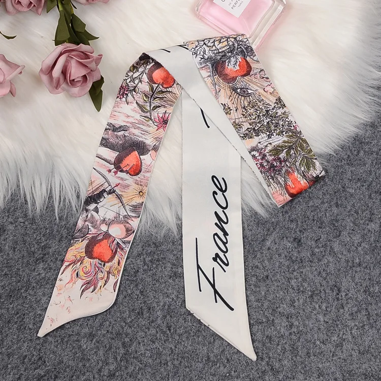 Spring flowers and plants lady scarf printing versatile simulation silk scarf binding bag handle small ribbon scarf headscarf