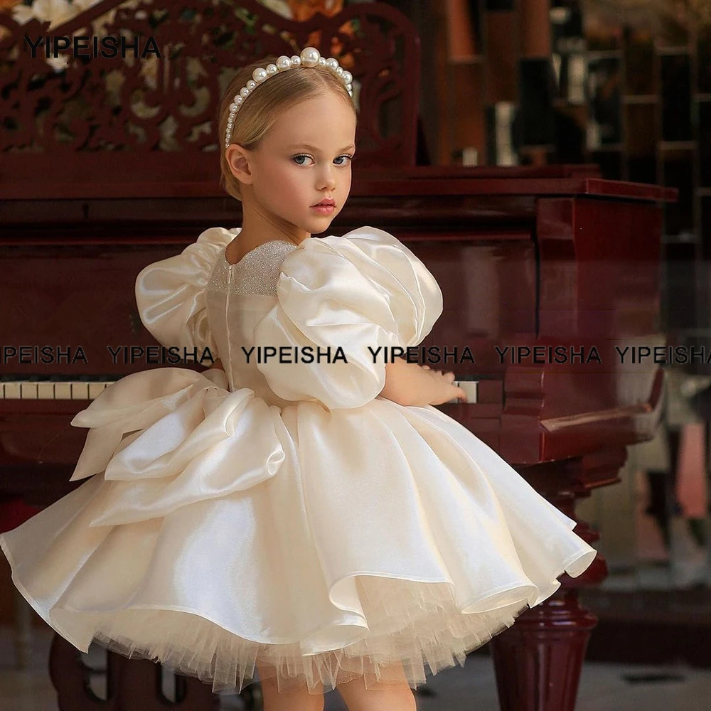 Yipeisha Puffy เจ้าหญิงดอกไม้สาวชุดสีขาวงาช้างสีชมพู Baby First Communion Gown ชุดมินิเด็กวันเกิดปาร์ตี้2021