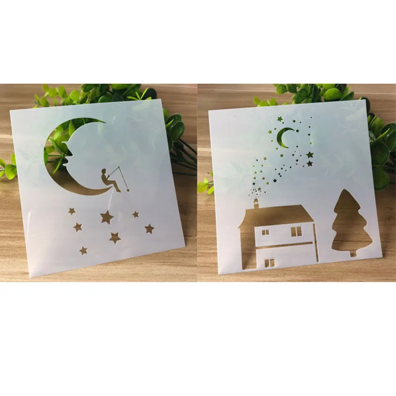 2pc Moon Stars Stencil For Wall Painting Template Scrapbooking Coloring Embossing Accessories Decor Office School Supplies