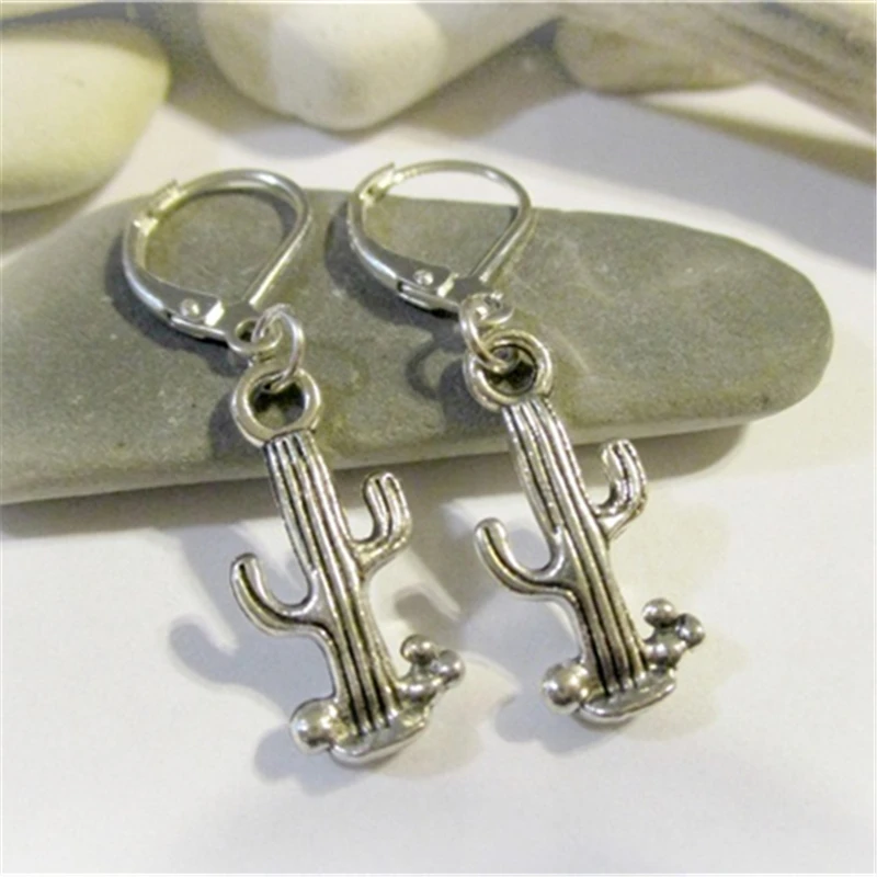 Antique Silver Color Cactus Earrings Lever Back Earrings Southwestern Desert Minimalist Earrings