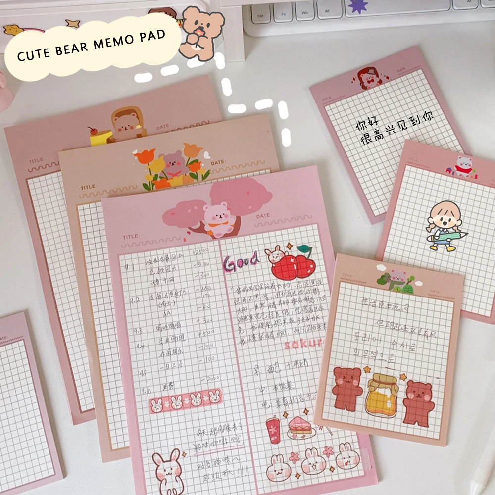 30 Sheets Ins Cartoon Cute Bear Plan Note Grid Memo Pad Learning Notes Big Loose-leaf Diary Student Stationery Kawaii Notebook