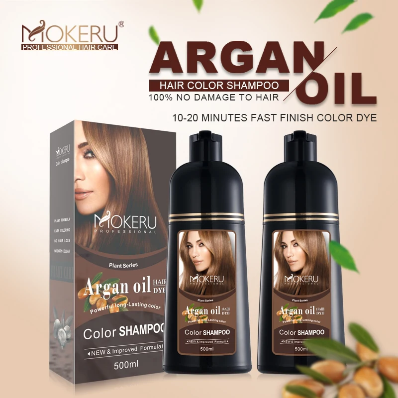 Mokeru 500ml Long Lasting Moisturizing Argan Oil Cover Gray Hair Dye Shampoo Natural Permanent Brown Hair Dye Shampoo For Woman