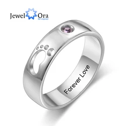 JewelOra Personalized Name Hollow Cute Baby Feet Ring with Birthstone Custom Inside Engraved Rings for Women Mother's Day Gifts