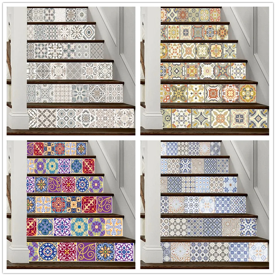 6pcs/set Arabian Mosaic Tile Style Stairs Decorative Stickers Corridor Staircase Mural Self Adhesive Decals For Home DIY Decor