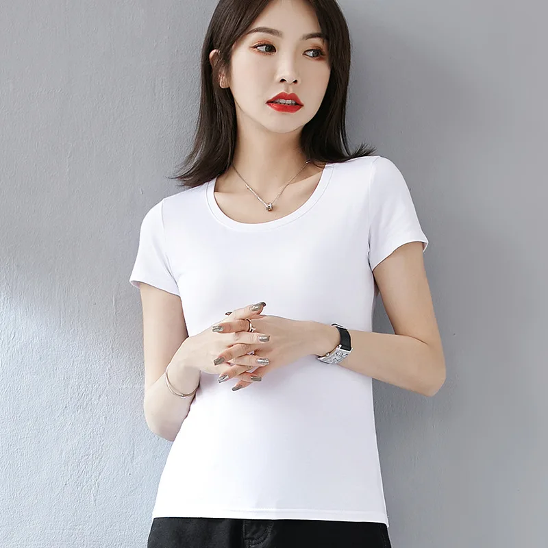 Women Soft Cotton T-shirt V-NECK Solid color Lady Tees Short Sleeve Summer Women\'s clothings All match Female T-shirts