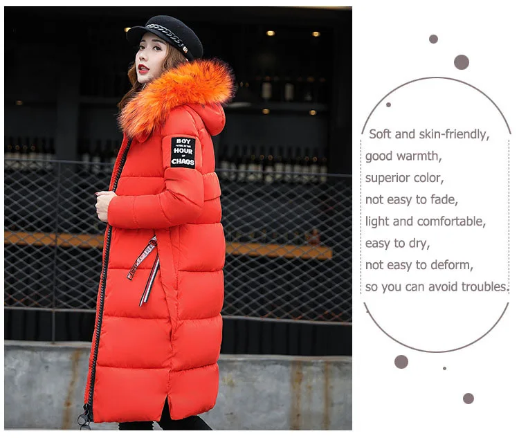 2025 Women's Down Parkas Winter Jacket Big Fur Collar Thick Slim Coat Fashion Hooded Cotton Outerwear Long Winter Woman Coat