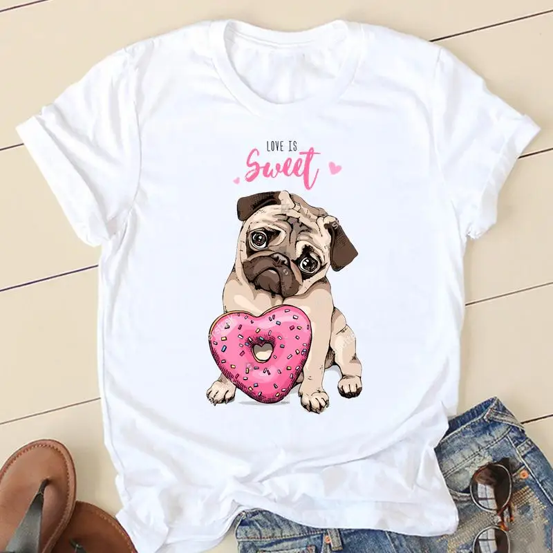 Women T-shirts 90s Love Pug Dog Ladies Fashion Clothing Short Sleeve Cartoon Clothes Spring Summer Female Tee Graphic Tshirt