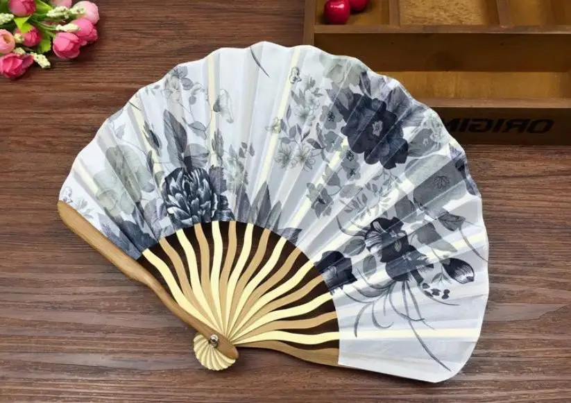 

150 Pcs Personalized/customized Bamboo Polyester Flower Blossoms Wedding Chinese Japanese Folding Fan with Tassel+printing