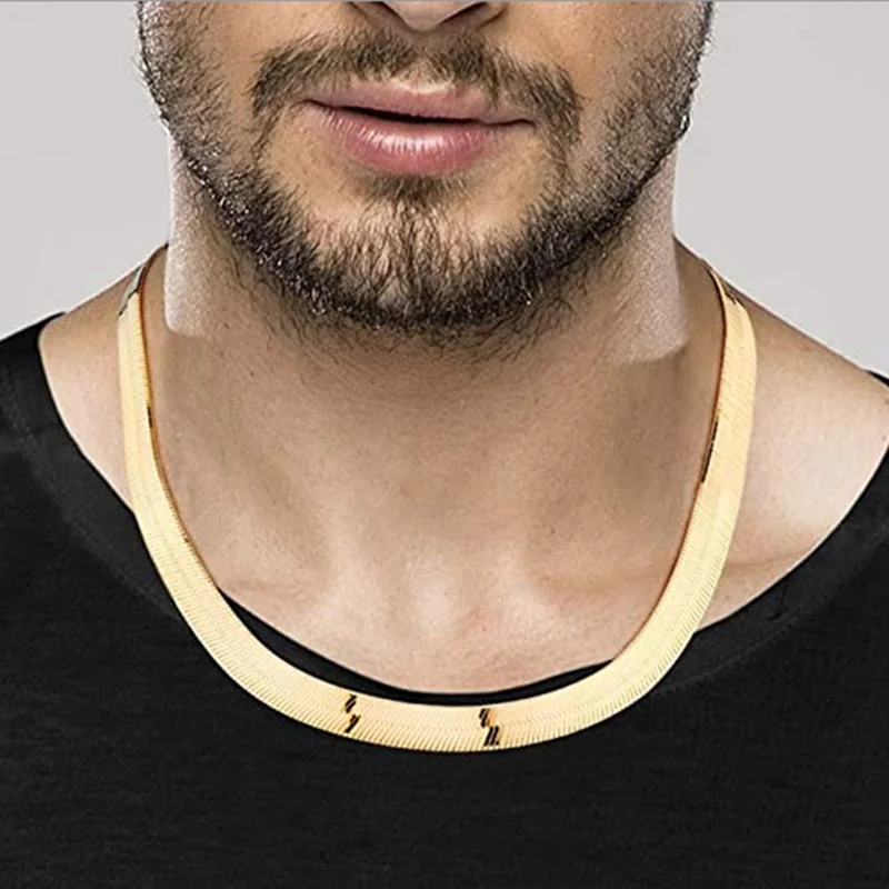 Solid 18K Yellow Gold Filled 10mm Flat Herringbone Chain Necklace for Women Men