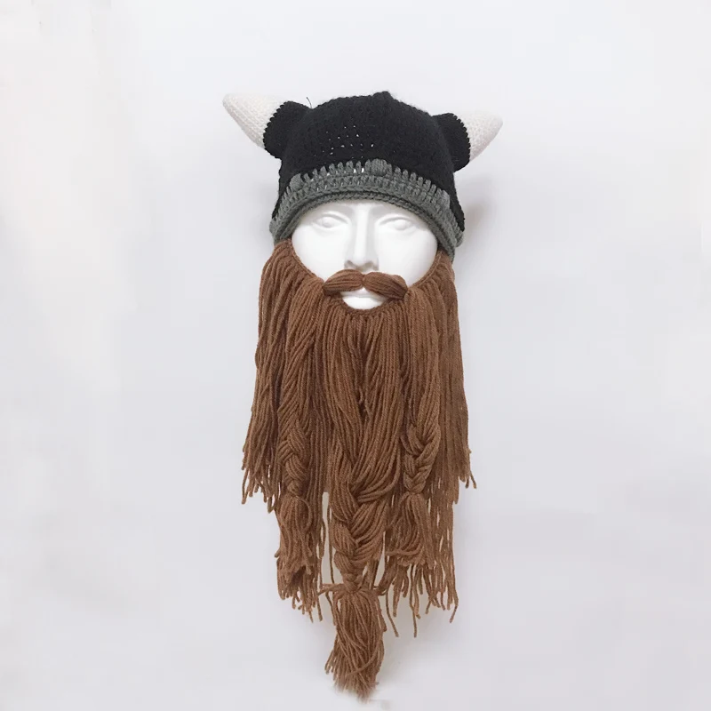 Men\'s Barbarian Vagabond Viking Beard Beanie Horn Hats Handmade Winter Warm Birthday Cool Gifts Funny Gag Halloween Hip Hop Cap