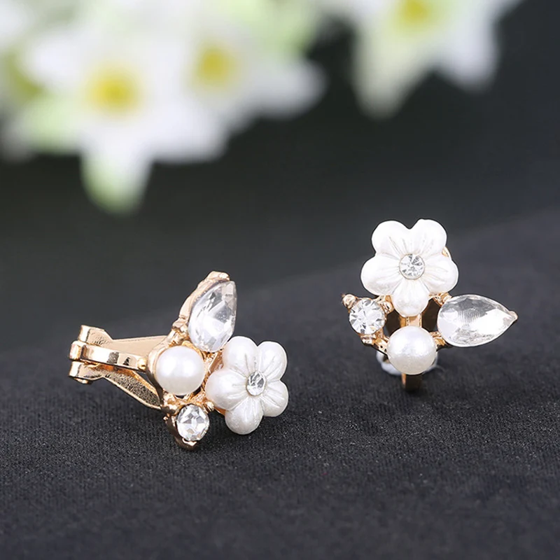 New Colorful Rhinestone Pearl Clip on Earrings Non Pierced for Women Charm Butterfly Flowers Shell Earring Jewelry Gift Brincos