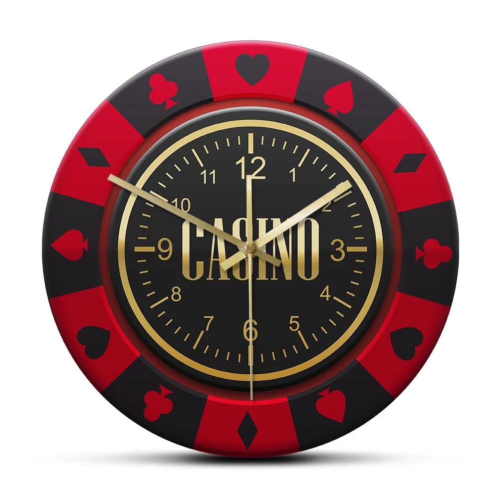 

Gamble Chip Printed Wall Clock Roulette Tournament Chip Design Hanging Silent Non-ticking Clock for Pub Club Casino Wall Decor