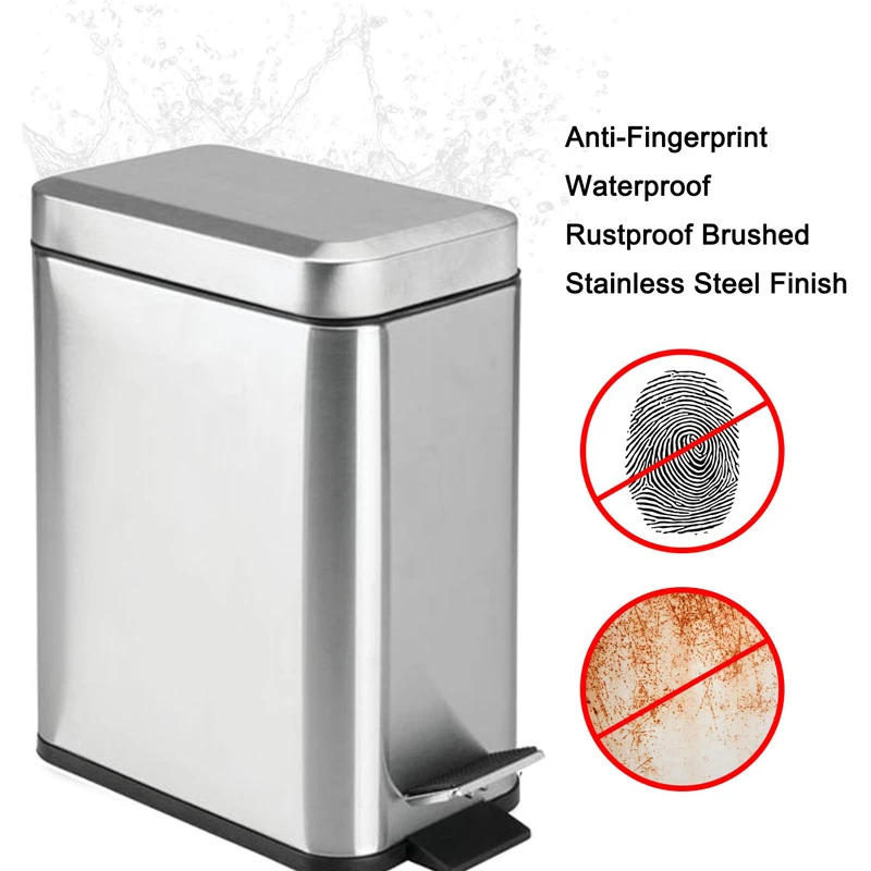 5L/1.33 Gallon Stainless Steel Trash Can with Silence Lid Rectangular Small Trash Can Garbage Storage Bins for Kitchen Bathroom