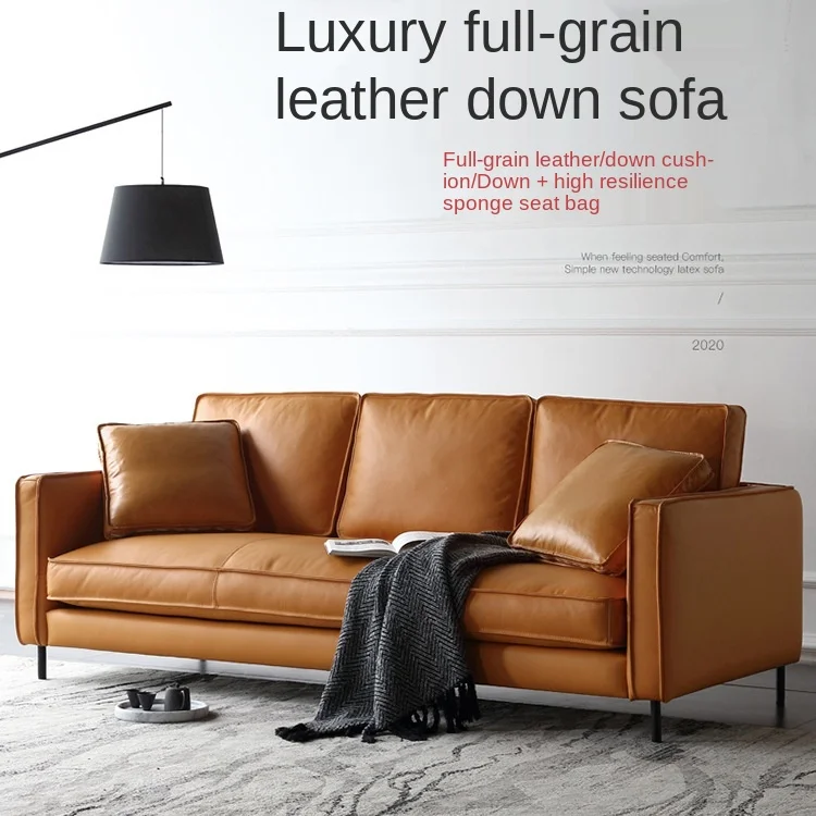 Sofa head layer cowhide three-seat down sofa living room simple modern leather sofa