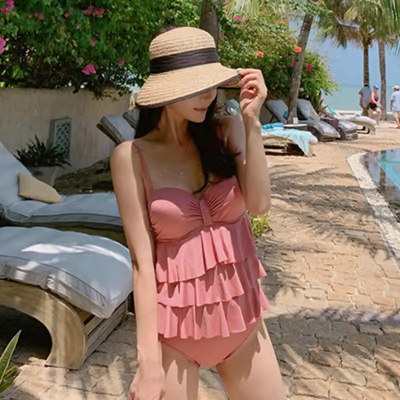 Слитный купальный костюм с оборками, Женская однотонная одежда для плавания, купальный костюм пуш-ап с открытой спиной, купальный костюм с воланом и прокладкой в Корейском стиле, милая простота