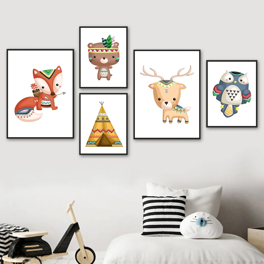 Owl Deer Fox Bear Feather Tent Mushroom Cartoon Wall Art Canvas Painting Nordic Posters And Prints Pictures Kids Room Decor