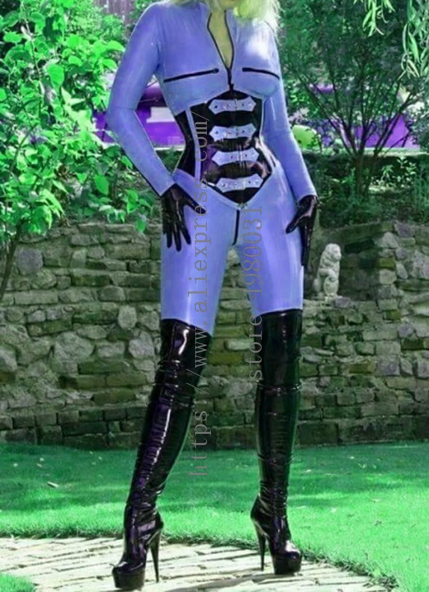 Delle donne di stile unico viola Zentai del lattice attaccato con chiusura zip anteriore per il taglio basso e con il nero corsetto di underbust