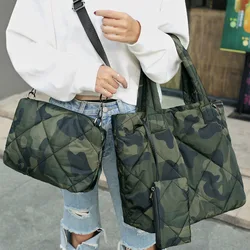 Lingge-Bolso grande de algodón con camuflaje para mujer, bolsa de hombro de diseñador, bolso de mano y monedero grande, bolsa de espacio acolchada para invierno, 3 unidades