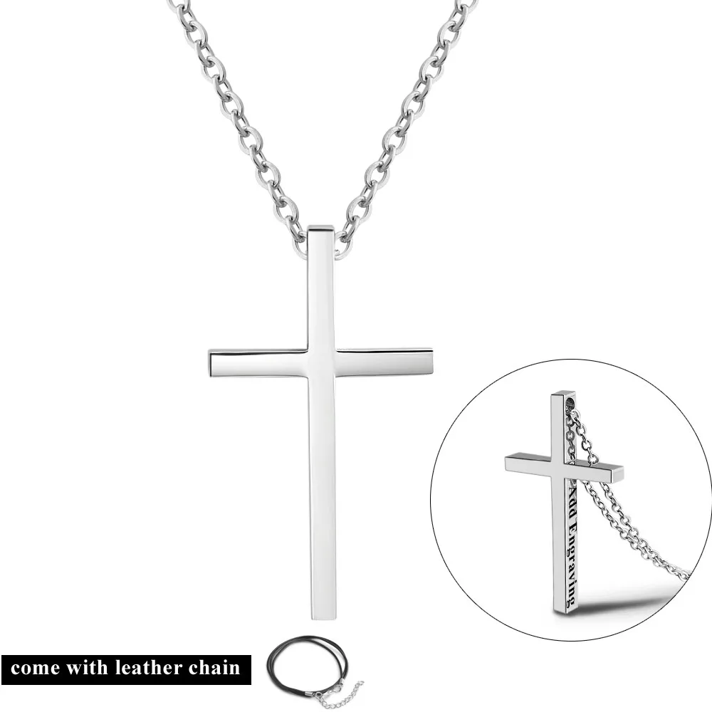 Personalized Cross Necklace Custom Name Necklace Come with Leather Chain Stainless Steel Jewelry Gift for Women (Lam Hub Fong）