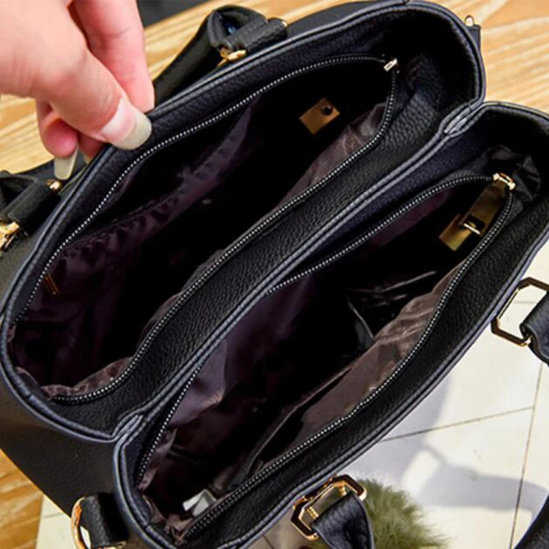 High Quality 1PC Black Women Handbag Large Capacity PU Leather Lady Shoulder Bag Messenger Bag With Hairball Travel Bag Fashion