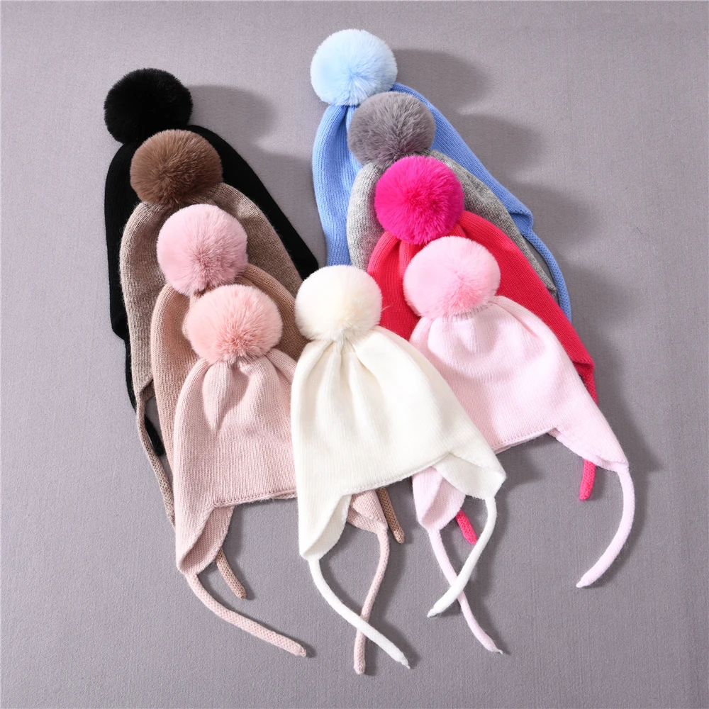 Autumn Winter Baby Beanie Hat Fluffy Cute Faux Fur Pom Pom Cashmere Wool Cap Kids Outdoor Warm Thick Double Layer Earflap Beanie