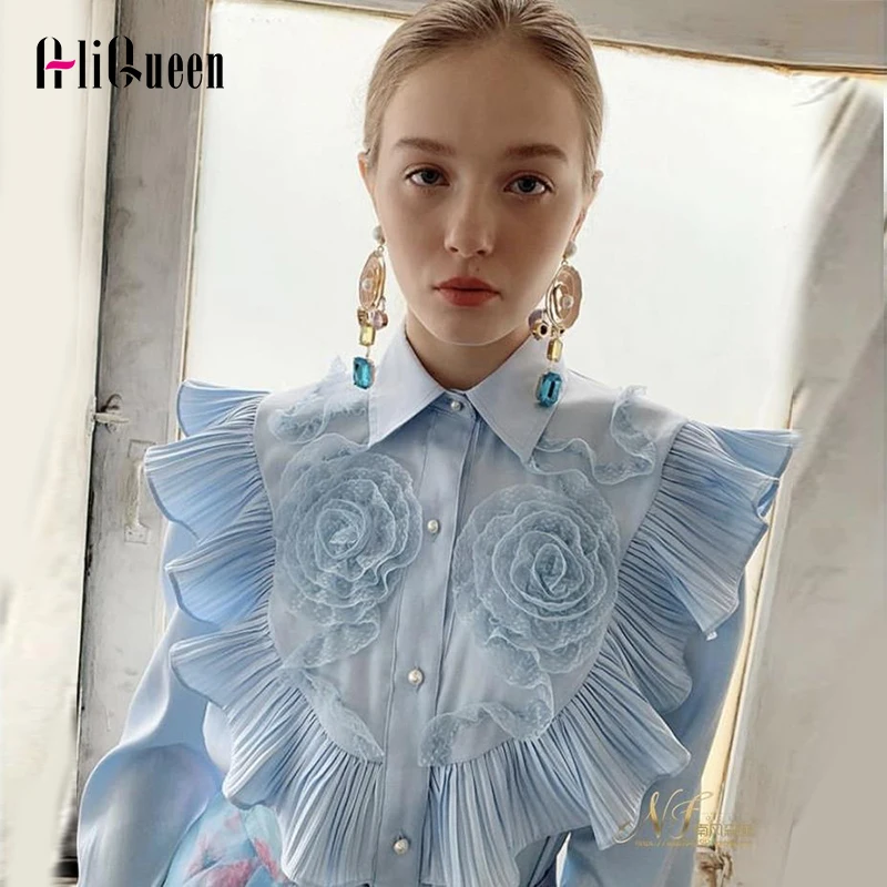 

Autumn Spring 3D Appliques Ruffles Patchwork Women Shirts Ladies Tops Vintage White Long Sleeve Pleated Blouses 3XL