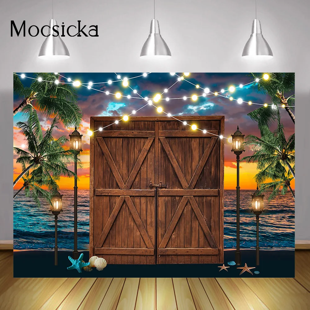 Seaside Sunset Portrait Backdrop Photocall Brown Retro Door Summer Tropical Party Background Sea Beach Light Plam Trees Photo