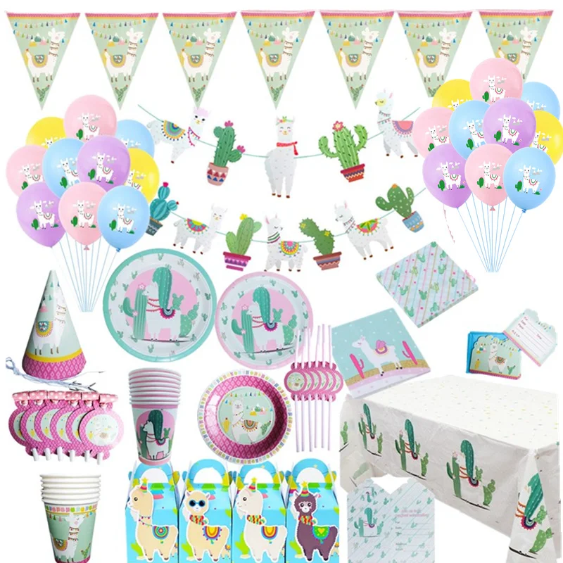 Llama Birthday Party Decorations Cartoon Animal Foil Helium Balloon Alpaca Cactus Cake Topper Paper Banner Gift Bags Candy Box