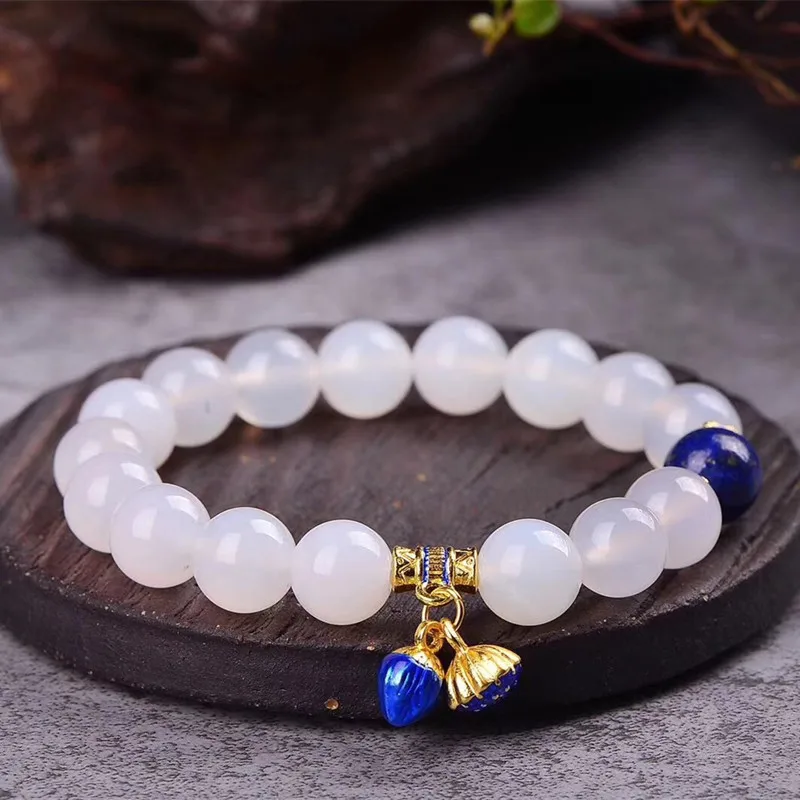 

Natural white agate handcarved round beads lotus for couples woman men beads bracelet with jade bracelet