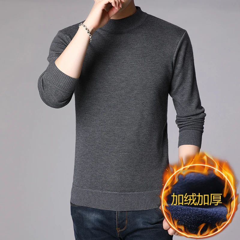 Man Warm Sweater Winter Velvet Thermal Sweaters Male Mock Up Thicken Bottoming Jumper Long Sleeved