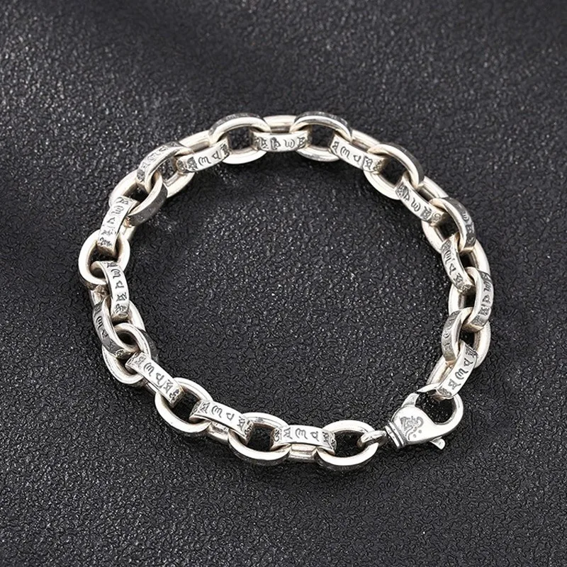 BOCAI New S925 Pure Silver Jewelry Shiny Face Six-character Mantra Personalized Ring Buckle Stylish Thai Silver Men's Bracele