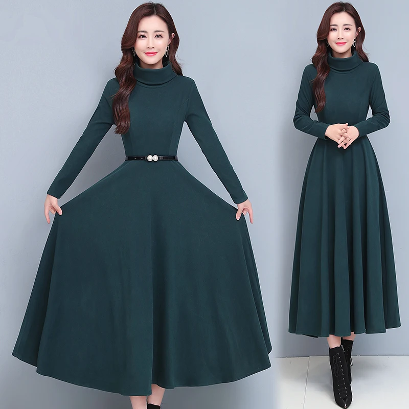 Autumn Winter Flannel Thick Warm Maxi Dress Women Black Korean Vintage Party Vestidos 2024 New Elegant Bodycon Turtleneck Dress