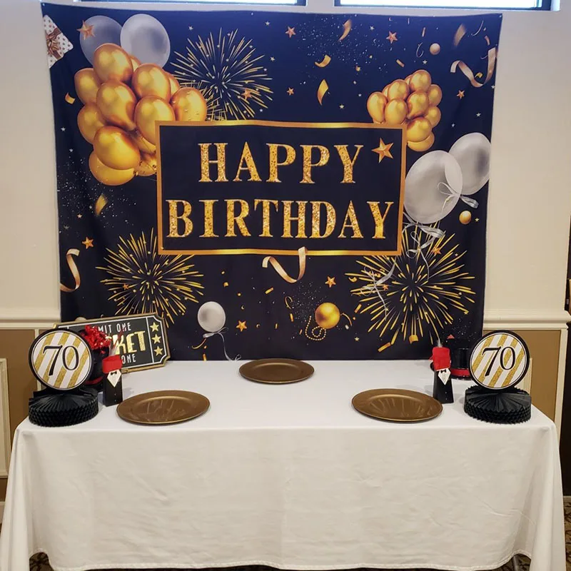 Buon compleanno festa sfondo nero e oro Glitter palloncini sfondo Sparkle punti brillanti decorazione astratta Photo Booth