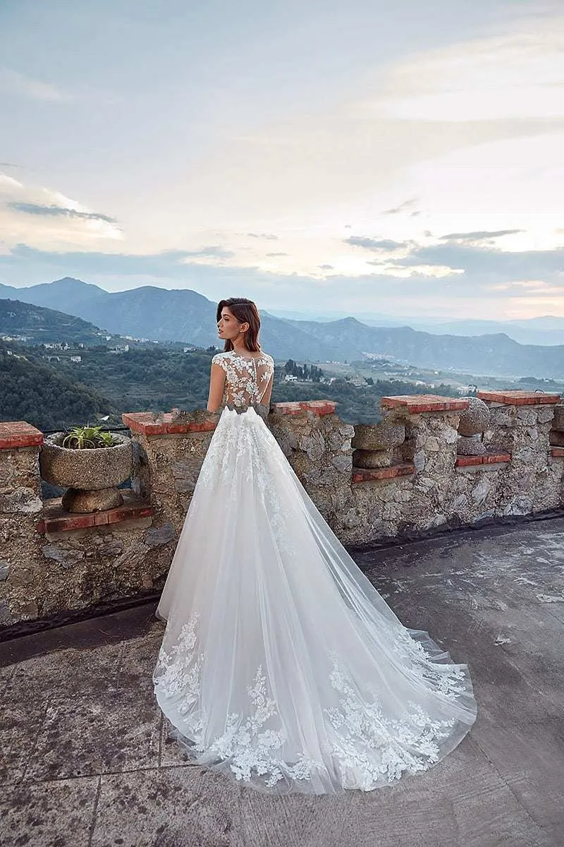 Robe de mariée Vintage en dentelle, avec des appliques en dentelle, coupe trapèze, manches Scoop, boutons au dos, style Boho, 2020