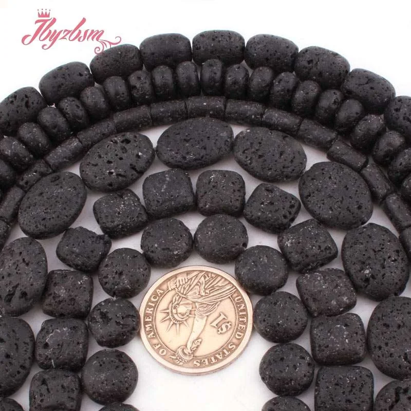 Pièce de monnaie de roche de lave naturelle ovale carrée ronde bricolage perles de pierre fil en vrac 15 "pour la fabrication de bijoux collier Bracelet livraison gratuite