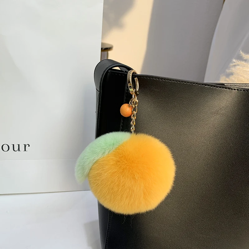 Fluffy Rex Rabbit fur keychain Cute Plush Sweet Tangerine Women\'s  Bag Toys Trinket orange Pendant Upscale metal Car Key Ring