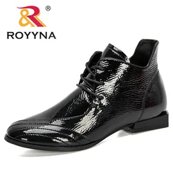 ROYYNA-Botas Femininas de Couro Patente, Sapatos Solteiros, Salto Baixo, Toe Redondo, Top Alto, Novos Designers, Moda, Inverno, 2020