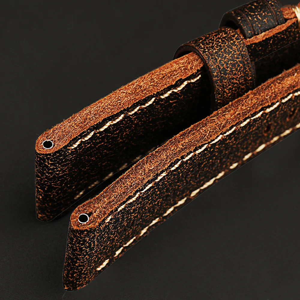 Hand-Cracked Old Vintage Top Layer Leather Watchband 22 24 26MM For 47MM PAM Soft Men\'s Watch Bracelet Vintage Style