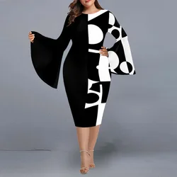 Plus Size Dress 2022 Elegant Geometric Print Evening Party Dress Women Autumn Winter Flare Sleeve Christmas Club Outfit