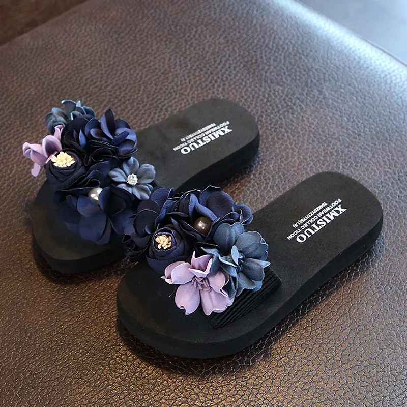 2020 Summer Fashion Kids Slippers  Girls Flip Flops Beach Shoes Children Comfortable Artificial Flower Slippers For Girls