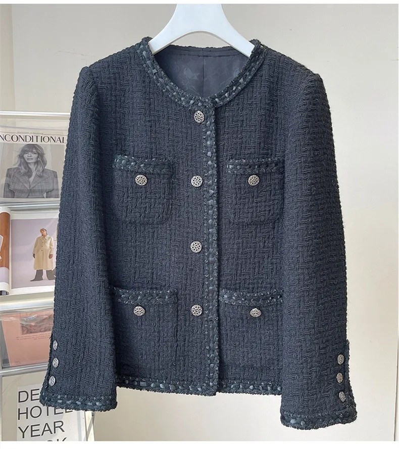

Spring Autumn Women's O-neck Tweed coat High Quality elegant Black jackets C921