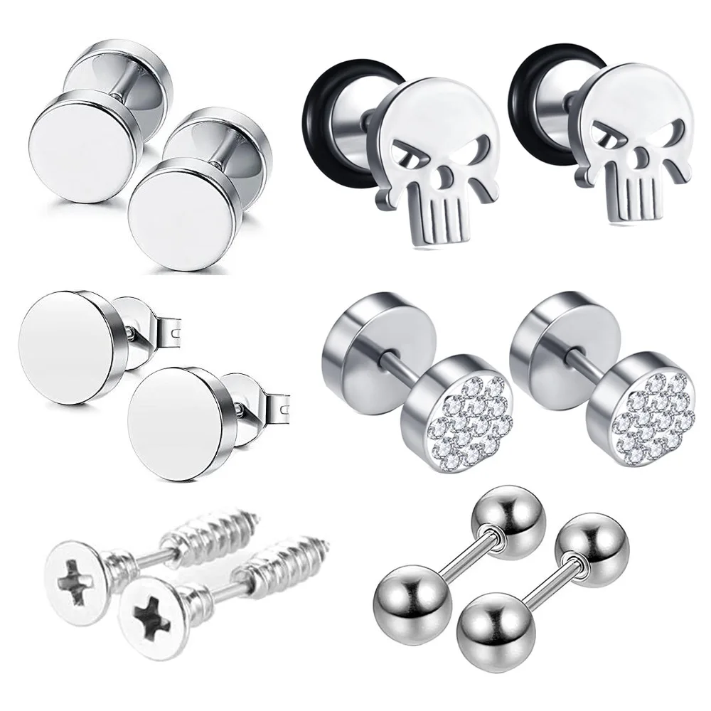 

6 Pairs Men Earrings Surgical Steel Black Ear Studs Rings Punk Earrings Cubic Zirconia Tragus Cartilage Body Piercing Jewelry