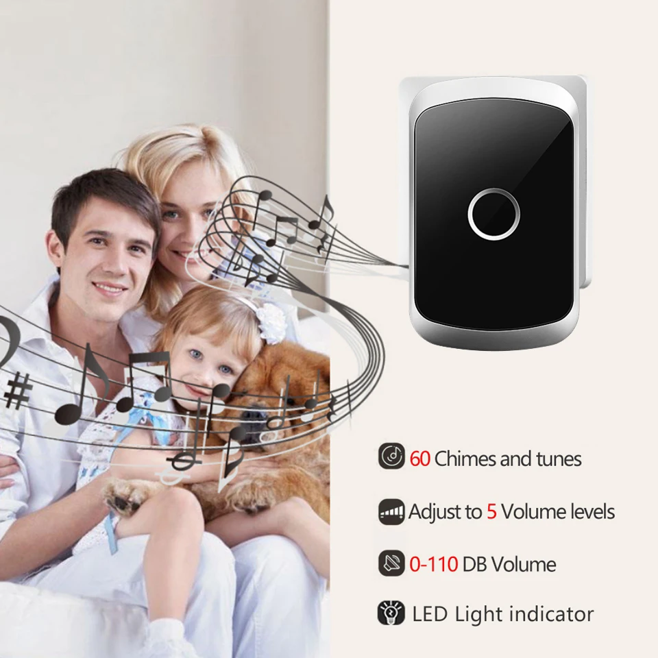 CACAZI Home Wireless Doorbell 300M Remote CR2032 Battery Waterproof 1 Transmitter 6 Receiver 60 Ring 0-110DB Chime US EU UK Plug