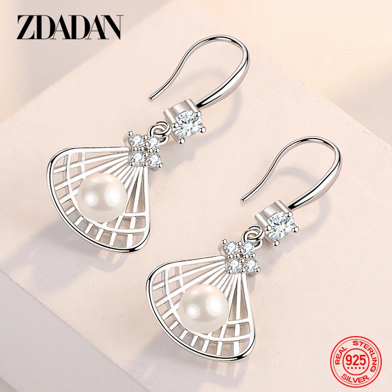 ZDADAN 925 Sterling Silver Fan Pearl Earrings For Women Fashion Jewelry Wedding Gift