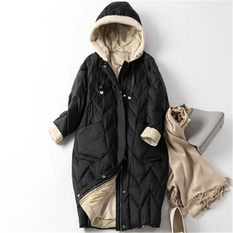 Sanishroly 2020 Women Knitted Patchwork Hooded Coat Warm Thicken White Duck Down Jacket Parka Female Long Winter Outwears SE1030