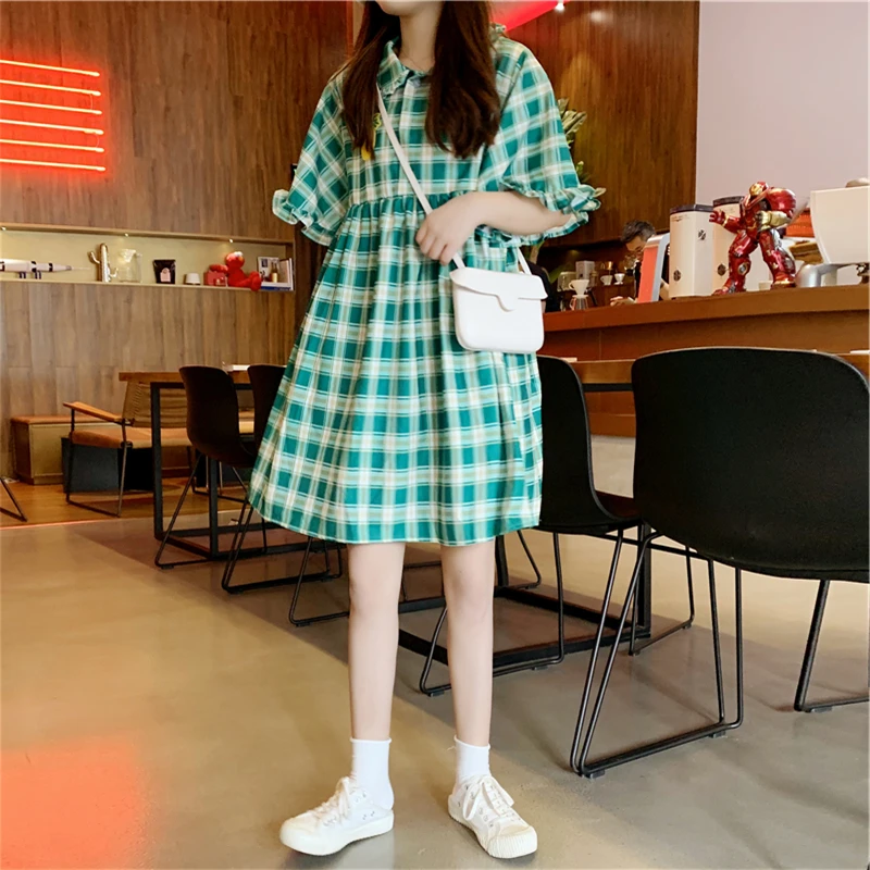 Süße frische plaid kleid sommer neue frauen große größe große größe L-4XL falbala hohe taille viktorianischen kleid kawaii mädchen gothic loli