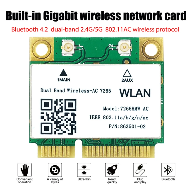 Sans fil-AC 8260 touristes bande mini PC-E PCIe carte WIFI pour intel 7265AC 8260AC 8265AC stérilisation 11ac 2x2 WiFi + Bluetooth BTéclairé