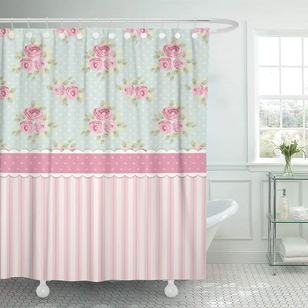 Colorful Cute Shabby Chic Roses and Polka Dots Shower Curtain Waterproof Polyester Fabric 72 x 78 Inches with Hooks