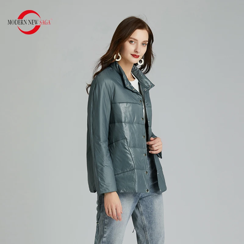 MODERN NEW SAGA 2020 Spring Women Jacket Thin Cotton Padded Jacket Autumn Women Coat Standed Collar Puffer Jacket Women Green