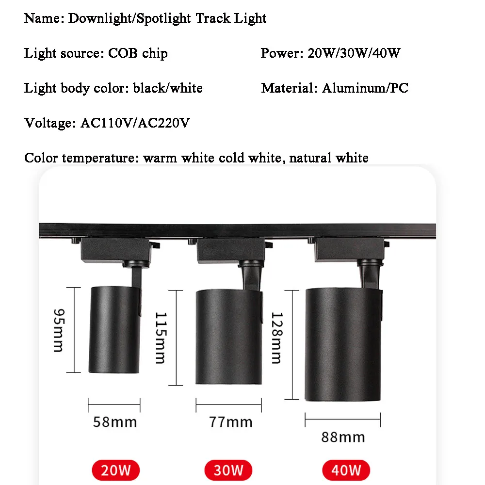 Led Track Light Spot Lights COB Track Lamp 20W 30W 40W Aluminum down Lighting Rail Spot Led For Kitchen Store 110V 220V